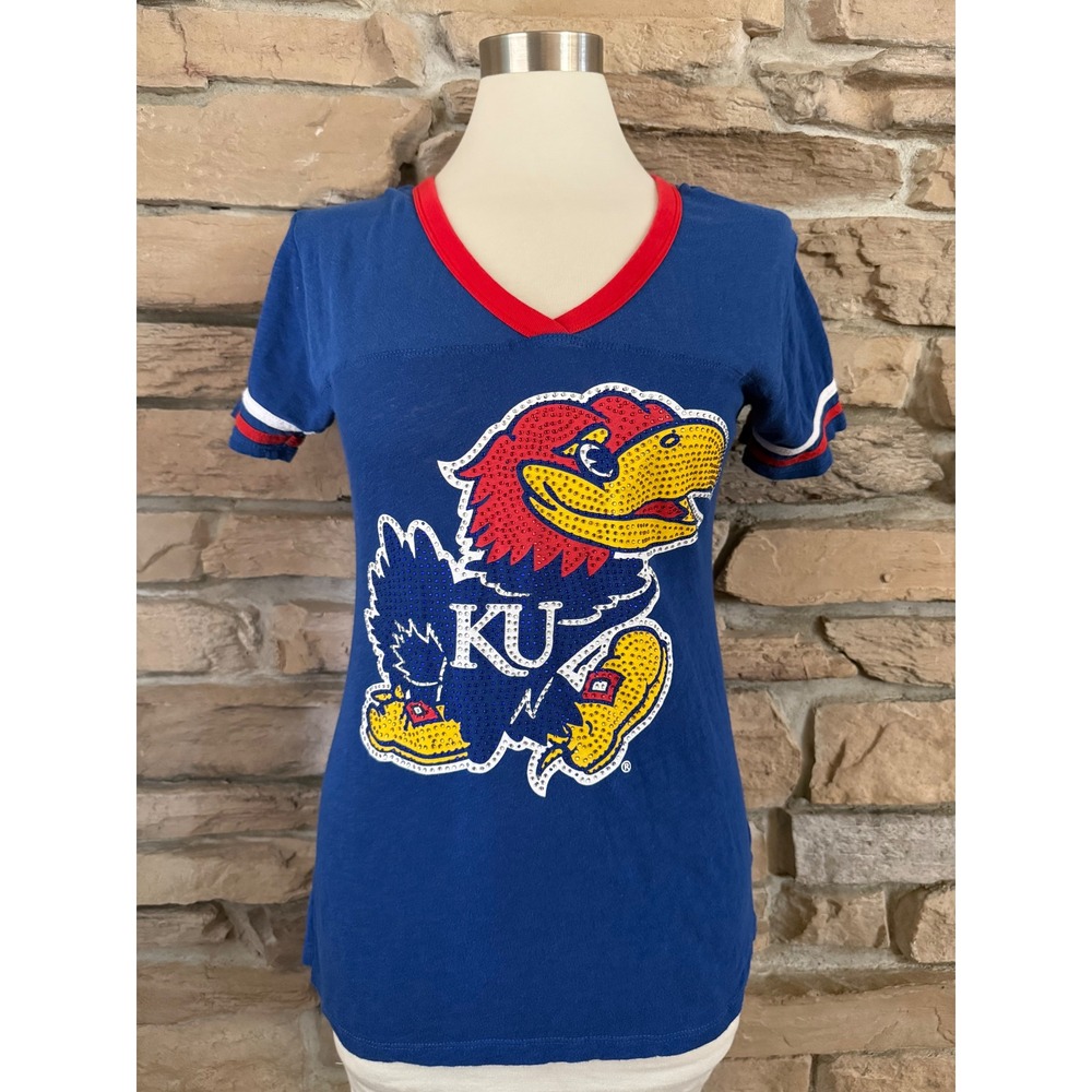 E5 College Classics Kansas Jayhawks Rhinestone V-Neck T-Shirt Blue Women Medium